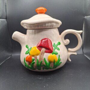 Vintage Arnels  Mushroom-Themed Ceramic Teapot  Lid Hand Painted Slight Crazing